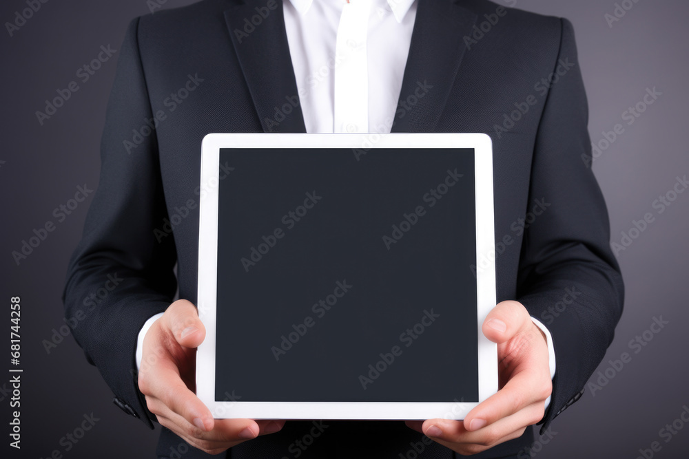 Poster man in suit holding tablet computer. this versatile image can be used to depict professionals, techn