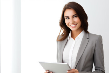 Professional woman dressed in business suit holding tablet. This image can be used to represent technology, business, communication, or workplace concepts