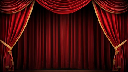 A classic theater stage with red velvet curtains and customizable copy text