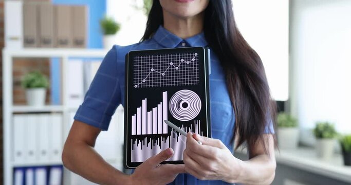 Businesswoman showing charts and diagrams on digital tablet closeup 4k movie slow motion. Business profit growth concept