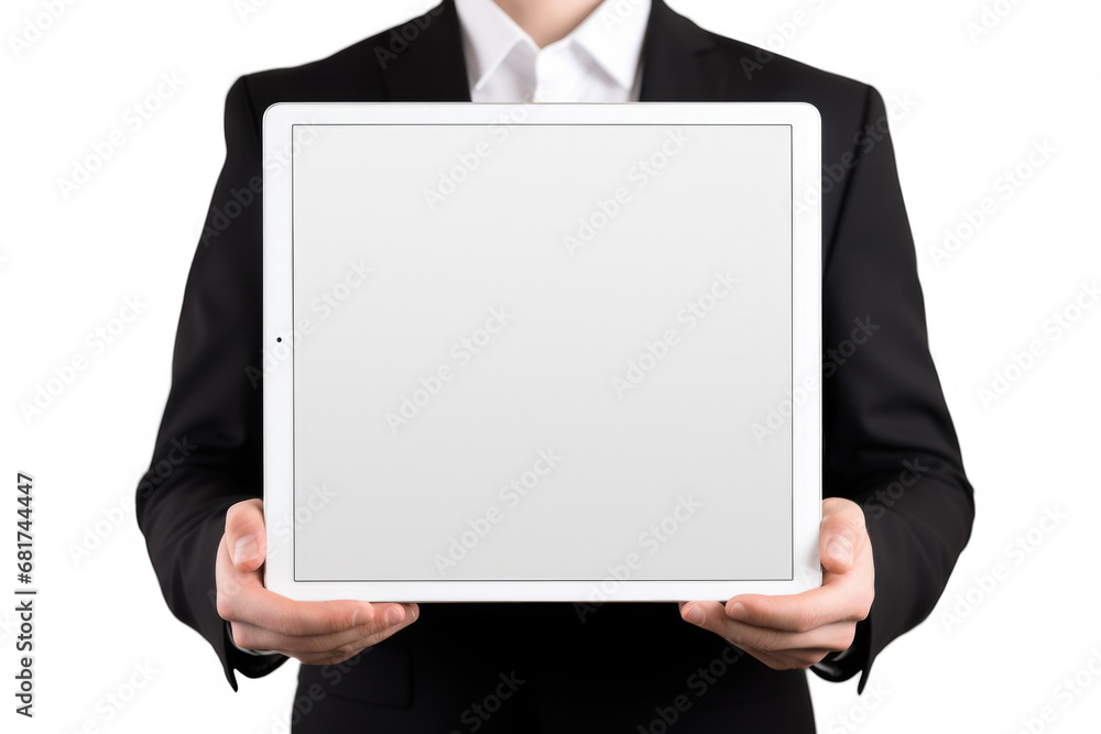 Poster man in business suit holding tablet computer. this professional image can be used to illustrate tech