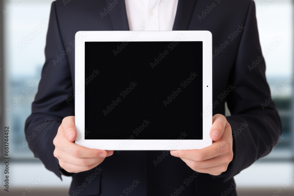 Aufkleber man in suit holding tablet computer. this picture can be used to depict business professionals using
