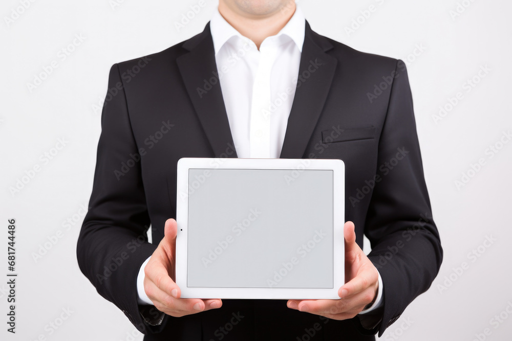 Poster professional man dressed in suit holding tablet computer. this image can be used to represent techno