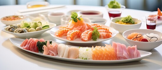 In a white themed restaurant in Japan, a diverse menu boasting Asian delicacies is offered, from healthy salads to sushi and rice plates, with a special highlight on fresh seafood dishes like avocado