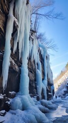 frozen waterfalls and icicles hanging from the cliffs