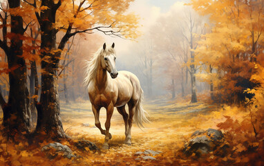 cavalo em linda paisagem de outono no parque  - obrazy, fototapety, plakaty