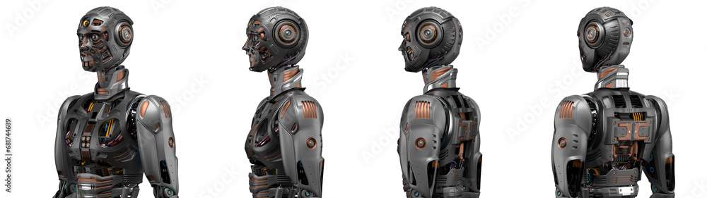 Poster futuristic robot man or very detailed humanoid cyborg. collage or set of four different angles of th
