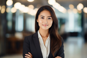 Fototapeta premium Professional woman in business suit confidently stands with her arms crossed. Professionalism, confidence, and leadership in various business and corporate settings