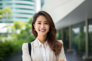Obraz premium Professional woman wearing business suit standing outdoors. Perfect for corporate, professional, or career-related designs