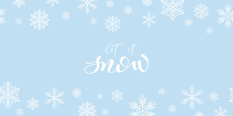 Naklejka na ściany i meble White snowflakes of different sizes on blue background. Winter festive snow frame border. Template for design