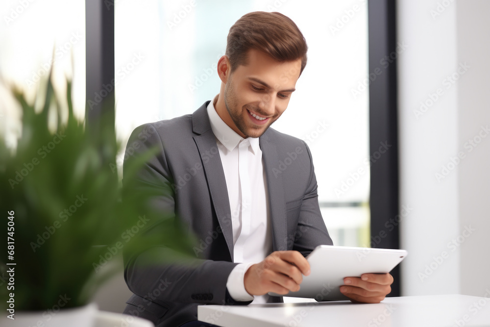 Poster man sitting at table using tablet computer. suitable for technology and business-related concepts