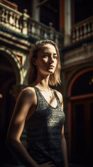 Fototapeta premium Young woman in a tank top standing in front of an ornate building.
