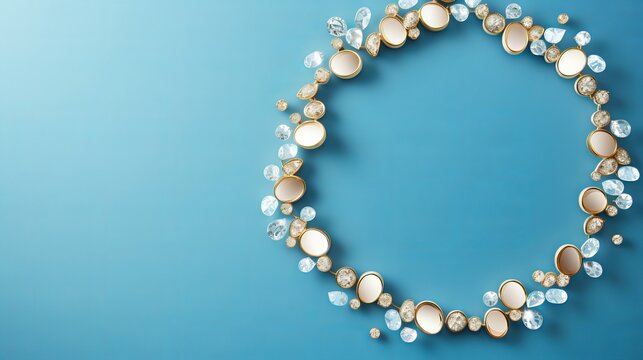 Broken easter egg shell and pearls encompassed with clear yellow circular frame against blue background