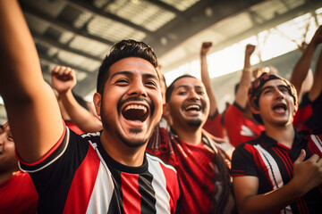 Latin american football fans wearing white, red and black jerseys celebrating a goal inside a stadium