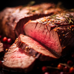 A close up macro shot of sliced juicy roast beef tenderloin with hers on top 