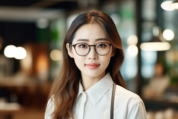 Fototapeta premium Woman wearing glasses and white shirt. Perfect for professional and casual settings