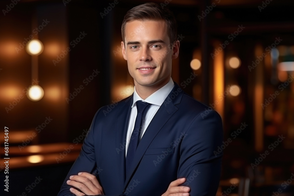 Poster well-dressed man confidently poses for picture. this versatile image can be used in various professi