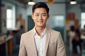 Obraz premium Professional man wearing tan suit standing in modern office. Suitable for business and workplace concepts