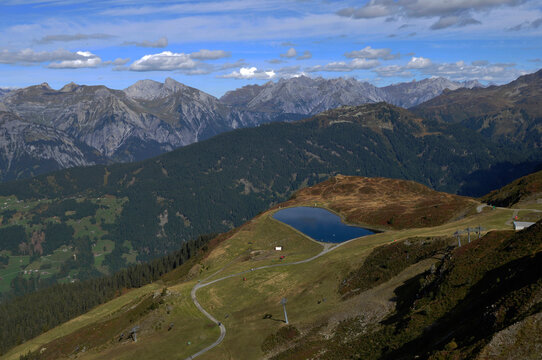 Austria: parnoramic mountain-view from Hochfirst over the Montafon-valley near Schruns in Vorarlberg