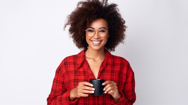 Image of pleased smiling woman looking at the camera wearing plaid pajamas while drinking morning coffee isolated on white background.