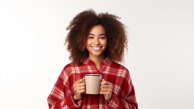 Image Of Pleased Smiling Woman Looking At The Camera Wearing Plaid Pajamas While Drinking Morning Coffee Isolated On White Background.