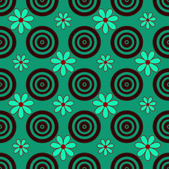 Seamless abstract pattern with circles and flowers on green background