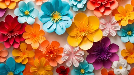 Colorful numerous origami paper blossoms on yellow background