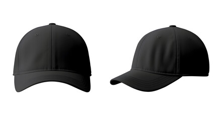 Set of black front and side view hat baseball cap on transparent background cutout, PNG file. Mockup template for artwork graphic design