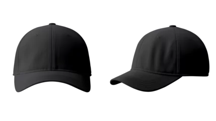 Fotobehang Set of black front and side view hat baseball cap on transparent background cutout, PNG file. Mockup template for artwork graphic design © Prasanth