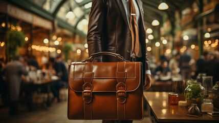 brown leather men leather briefcase on the street.