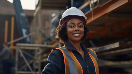 Smiling woman wearing a safety hardhat and reflective orange vest is standing at a construction site with steel structures in the background. - obrazy, fototapety, plakaty