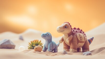 Fototapeta premium Amusing toys of dinosaurs on beige space