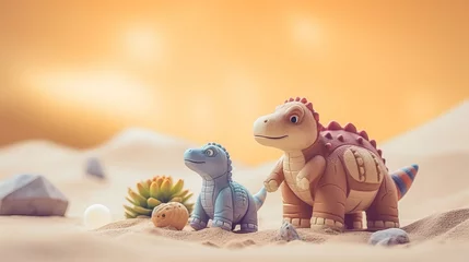 Tuinposter Amusing toys of dinosaurs on beige space © Shabnam