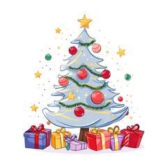 Christmas decorated tree. Festive Christmas colorful tree on white background