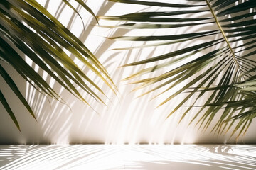 Tropic palm leaves on white wall background. Shadows of leaves in sunlight