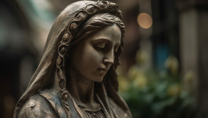 Praying woman mourns at famous tombstone, symbol of Christianity history generated by AI