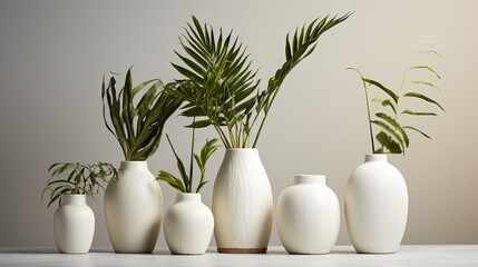 Diverse formed white vases with plant
