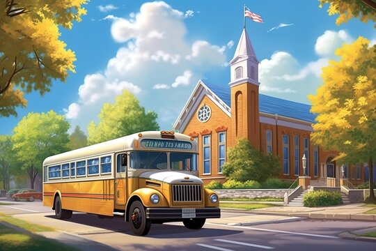Sentimental scene depicting a school bus parked near a classic school structure with a bell tower and flagpole, capturing the timeless appeal of traditional school settings