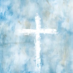 Grungy abstract blue and white christian themed background with a cross.
