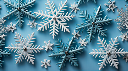 Christmas background with snowflakes and baubles on blue background. Top view. Generative AI technology.