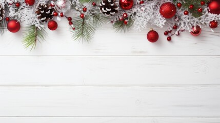 a white wooden surface adorned with lush fir branches and Christmas decorations, ample space for text or invitations to enhance the holiday spirit.