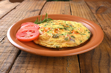 egg omelette with herbs and tomato sausage tasty and healthy food street food carbohydrate bar