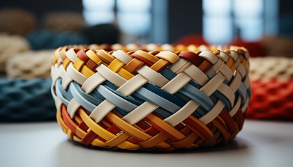 Obraz premium Woven wicker basket, colorful spools, craft decoration on table generated by AI
