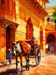 Fototapeta na wymiar Painting of a horse drawn carriage in rajasthan.