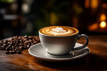 Steaming cup of artisanal coffee with latte art, rich aroma, and inviting ambiance