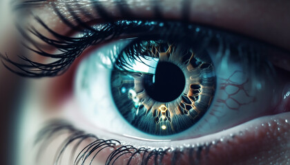 Blue iris staring, close up of human eye, futuristic technology generated by AI