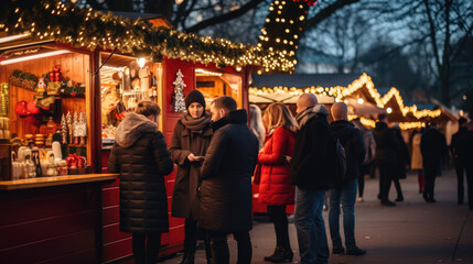 Obraz premium A group of people standing at a Christmas market and drinking wine, Christmas party