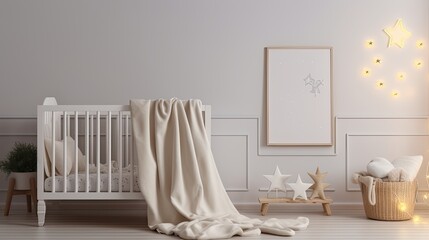 a baby white muslin blanket mockup delicately hanging over a baby crib, the essence of comfort and tenderness in a nursery setting.