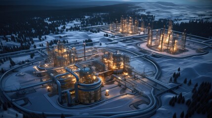 a natural gas compressor station from an aerial perspective, the vast network of engines and piping that extends for miles, providing a realistic portrayal of industrial infrastructure. - obrazy, fototapety, plakaty