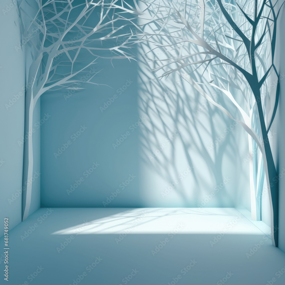 Poster 3d rendering of a room with trees in the background.